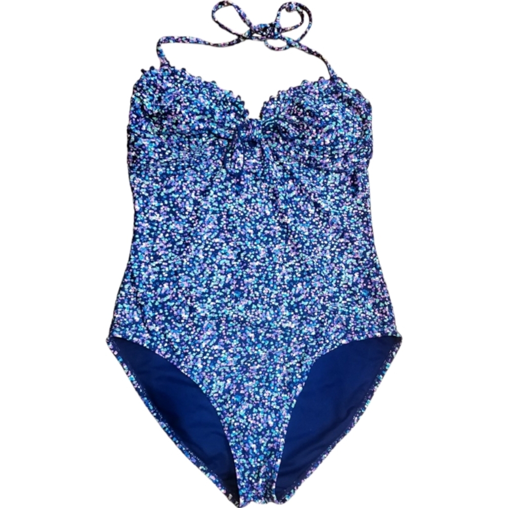 Old Navy M 1 Pc Swimsuit Ruffle Trim Navy/Green/Purple Removable Strap